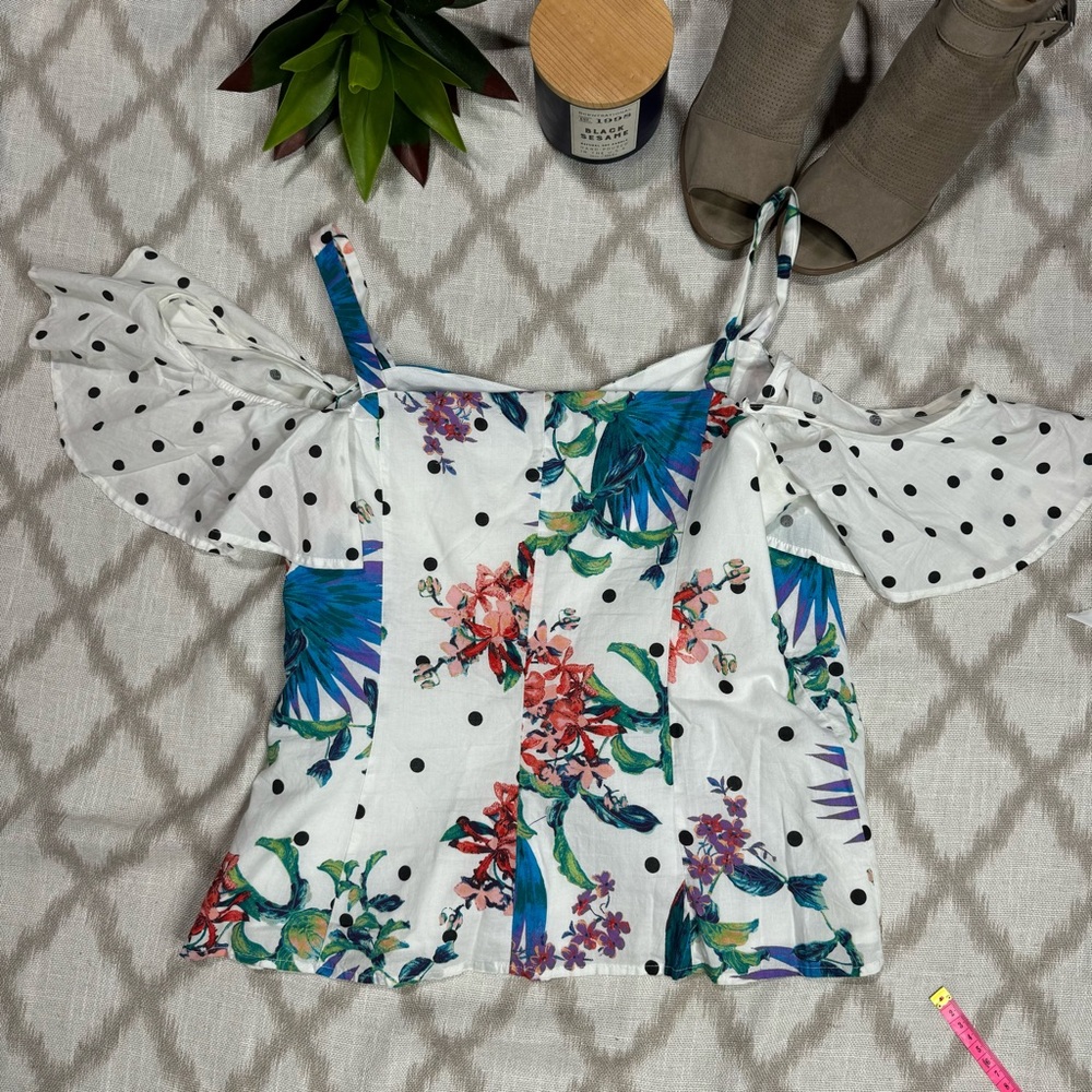 Off Shoulder Floral Polka Dot Peplum Blouse Ruffle Top Size L - Picture 9 of 9